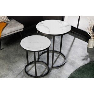 Estila Dizajnový okrúhly set príručných stolíkov Industria Marbleux v modernom štýle v prevedení biely mramor 60cm