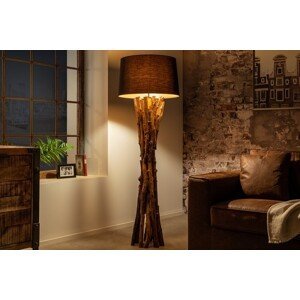 Estila Vidiecka stojaca lampa Missle z teakového dreva v prírodnej hnedej farbe s čiernym textilným tienidlom 150cm