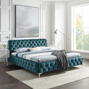 Estila Luxusná chesterfield manželská posteľ Modern Barock v tyrkysovej farbe so striebornými nožičkami 180x200cm