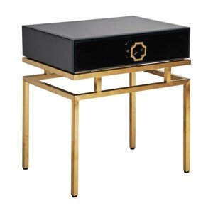 Estila Art-deco čierny nočný stolík Gasol v luxusnom sklenenom vyhotovení so zásuvkou a kovovými nožičkami v zlatej farbe 60cm