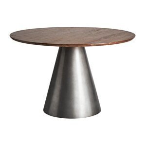 Estila Moderný okrúhly jedálenský stôl Seipur so striebornou kovovou podstavou a masívnou hnedou vrchnou doskou 120cm