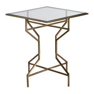 Estila Art-deco luxusný príručný stolík Amuny so železnou tvarovanou konštrukciou v zlatej farbe a sklenenou doskou 60cm