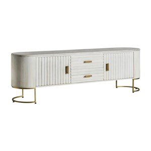 Estila Luxusný art deco TV stolík Sedge z mangového dreva bielej farby so zlatou kovovou konštrukciou 200cm