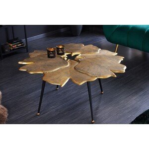 Estila Art deco konferenčný stolík Ginko zlatej farby v tvare listov s čiernymi nožičkami z kovu 90cm