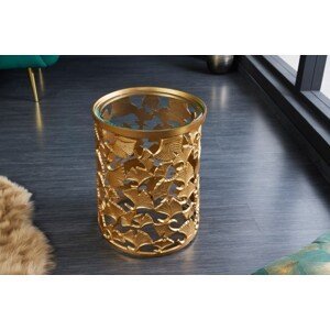 Estila Art deco glamour zlatý príručný stolík Ginko zlatej farby z kovu s okrúhlou sklenenou doskou 47cm