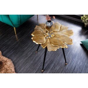 Estila Glamour dizajnový konferenčný stolík Ginko v zlatom prevedení v tvare listov ginka s čiernymi nožičkami 50cm