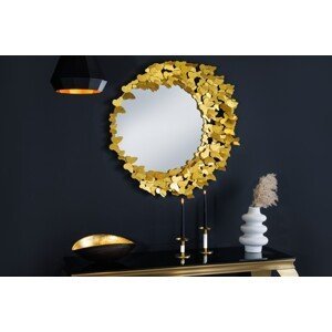 Estila Dizajnové glamour nástenné zrkadlo Butterfly s okrúhlym kovovým rámom zlatej farby s motýlím zdobením 80cm
