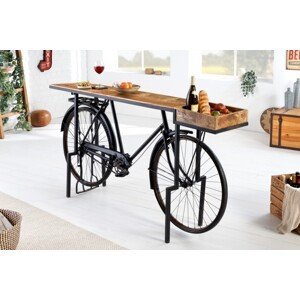 Estila Industriálny dizajnový barový pult Bicycle s masívnou doskou a čiernou podstavou s kolesami 194cm