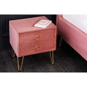 Estila Art deco dizajnový nočný stolík Bentley s ružovým zamatovým poťahom a zlatými nožičkami z kovu 49cm