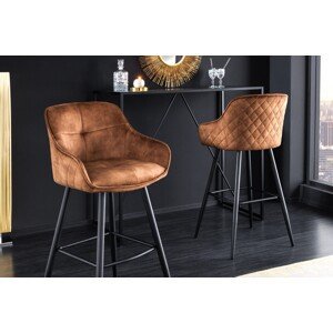 Estila Štýlová glamour barová stolička Rufus s medeným hnedým čalúnením a čiernou konštrukciou z kovu 100cm