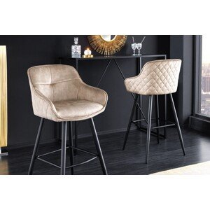 Estila Glamour dizajnová barová stolička Rufus s béžovým champagne poťahom a čiernou konštrukciou z kovu 100cm