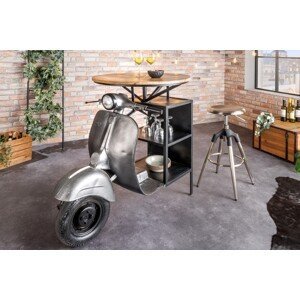 Estila Industriálny barový stôl Scooter s dizajnom motorky a policami a vrchnou doskou z mangového dreva strieborná 116 cm