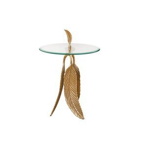 Estila Art-deco okrúhly príručný stolík Pluma so sklenenou vrchnou doskou a podstavou s dizajnom pierok v zlatej farbe 45 cm