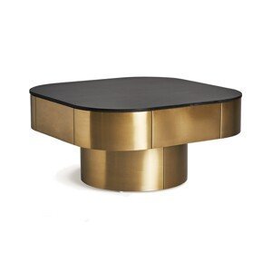 Estila Luxusný glamour štvorcový konferenčný stolík Jackson s jednou nohou s mramorovou doskou so zaoblenými rohmi čierna zlatá 100 cm
