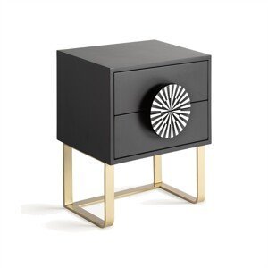 Estila Luxusný art deco nočný stolík Tesoreria v čiernej farbe s dvomi zásuvkami s úchytkou z kosťovou inkrustáciou 50 cm