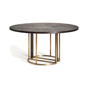 Estila Luxusný okrúhly jedálenský stôl Midas s nohou v zlatej farbe s vertikálnym zdobením a hnedou drevenou vrchnou doskou 150 cm