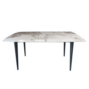 Estila Dizajnový jedálenský stôl Tazer s doskou s bielo šedým mramorovým vizuálom a štyrmi čiernymi úzkymi nožičkami 160 cm