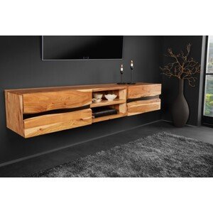 Estila Masívny závesný TV stolík Amazonas z akáciového dreva s čiernym industriálnym dekoratívnym prvkom medová hnedá 160 cm