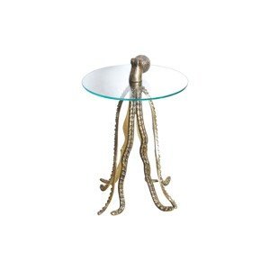 Estila Dizajnový okrúhly príručný stolík Polbitta s podstavou v tvare chobotnice v zlatej farbe a sklenenou vrchnou doskou 67 cm