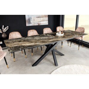 Estila Rozkladací obdĺžnikový jedálenský stôl Ceramia s vrchnou doskou s mramorovým dizajnom a prekríženými nohami čierna hnedá 180 cm