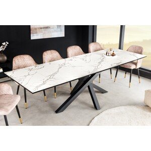 Estila Rozkladací obdĺžnikový jedálenský stôl Ceramia s bielou doskou s dizajnom mramoru a s čiernymi prekríženými nohami 180 cm