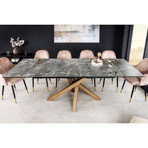 Estila Luxusný rozkladací obdĺžnikový jedálenský stôl Ceramia s keramickou vrchnou doskou a prekríženými nožičkami sivá zlatá 180 cm