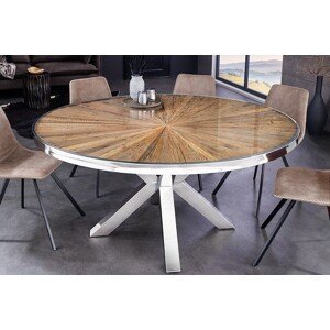 Estila Luxusný industriálny okrúhly jedálenský stôl Barracuda z teakového hnedého dreva s chromovanými nožičkami 120 cm