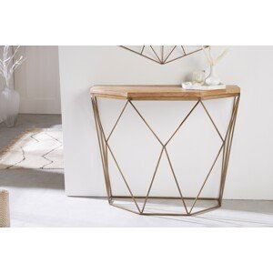 Estila Dizajnový art deco konzolový stolík Xoia so zlatou podstavou s diamantovým vzorom a hnedou drevenou doskou 75 cm