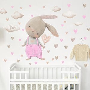 Nálepka na stenu pre dievčatko - Ružový zajko so srdiečkami