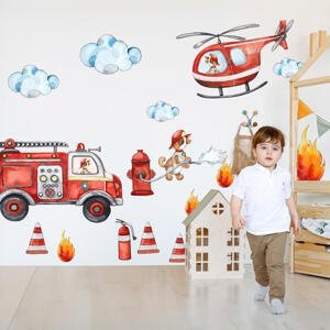 Nálepky na stenu - Hasiči, hasičské auto a vrtuľník