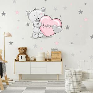 Detská nálepka na stenu - pudrový macko s hviezdami