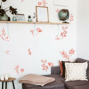 Rastlinný motív, červené kvety a listy- nálepka na stenu