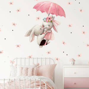 Zajačiky letiace na dáždniku - Akvarelová samolepka na stenu