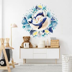 Akvarelová nálepka na stenu - Veľrybky s kvetmi