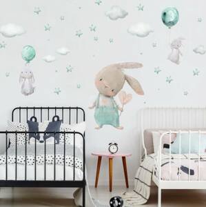 Nálepky do detskej izby - Mentolové zajačiky, hviezdy a obláčiky