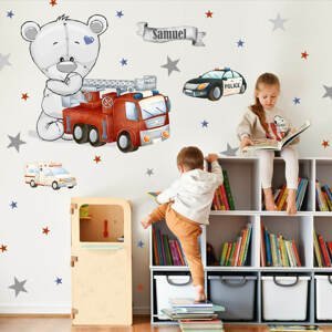 Nálepky na stenu pre chlapcov - Zásahové autá a macík do detskej izby