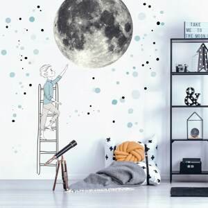 Samolepka na stenu - Mesiac a Chlapec na rebríku s hviezdami, veľká nálepka