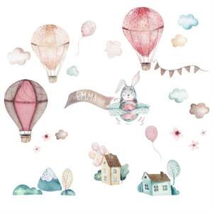 Dievčenské nálepky na stenu - Ružové balóny, zajac a domy