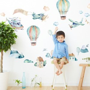 Detské nálepky na stenu - Lietadlá a balóny s menom