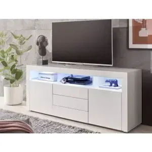 Široká TV skrinka Leeds, biela lesk, s osvetlením%