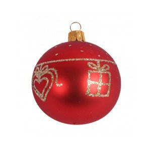 Vianočná ozdoba sklenená guľa 6 cm, červená, darček a srdiečko%
