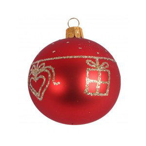 Vianočná ozdoba sklenená guľa 7 cm, červená, darček a srdiečko%