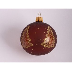 Vianočná ozdoba Hnedá guľa so stromčekmi 7 cm, sklo%