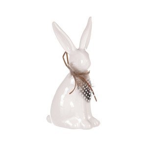 Veľkonočná dekorácia Soška zajac s pierkom, 19 cm, biela%