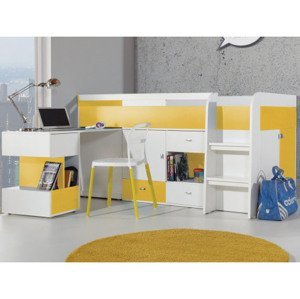Zvýšená úložná posteľ s výsuvným stolíkom Mobi 90x200 cm, biela/žltá%
