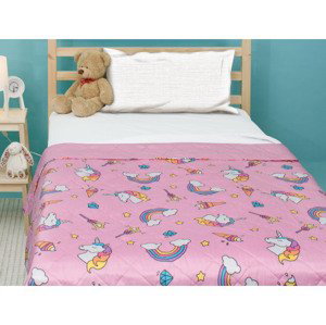Detský prehoz na posteľ Jednorožce a dúhy, ružový, 170x210 cm%
