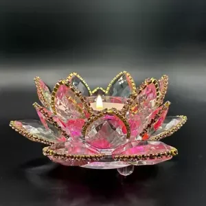 Krištáľové sklo - Svietnik lotosový kvet s minerálmi Basic, Růžová