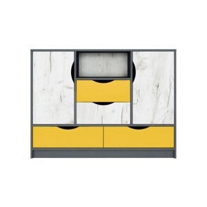 RANDY kombinovaná komoda, biely craft / grafit / žltá