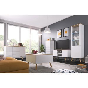 ALEX, moderná obývačka biela lesk/dub wotan