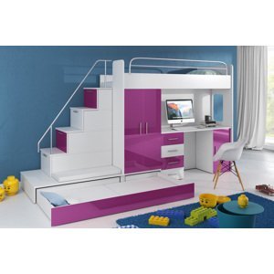 DELONA 5 poschodová posteľ, biela - fialová